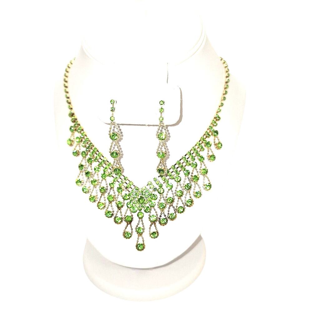 Lime Green Rhinestone Necklace/Earring Set Bib Style Gold Tone